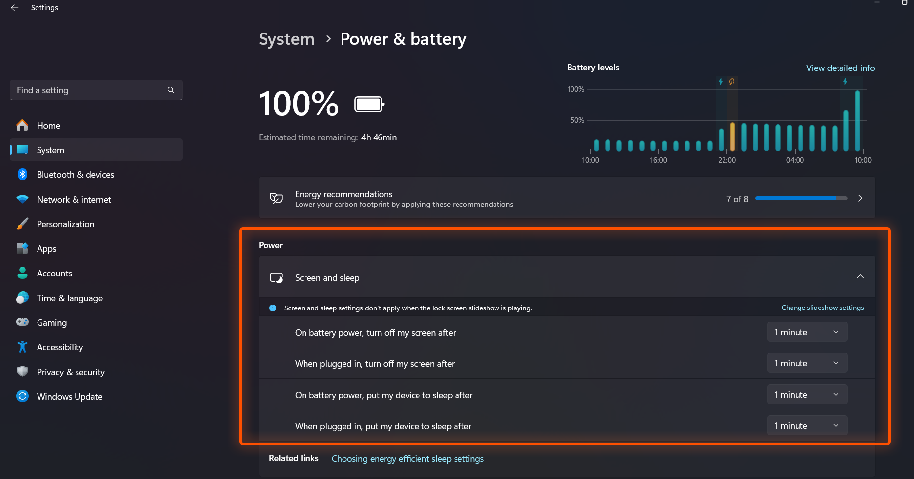 Change Power and Sleep Settings to save battery