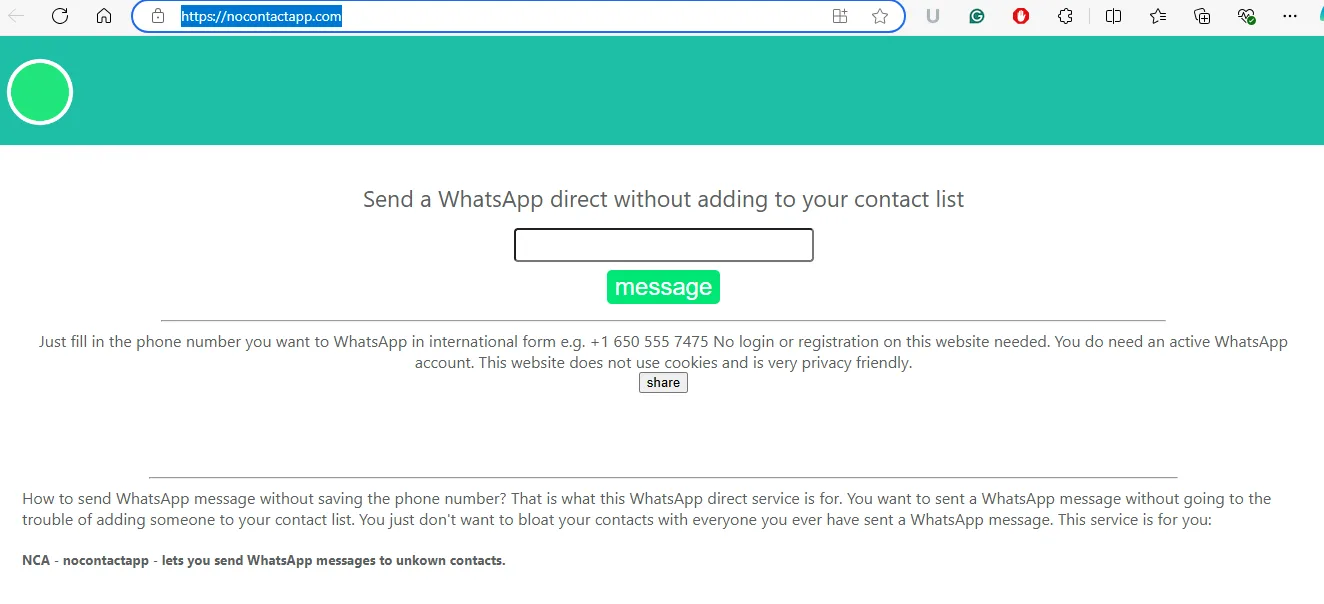 Send WhatsApp messages without Saving their number with the website - NoContactApp.Com