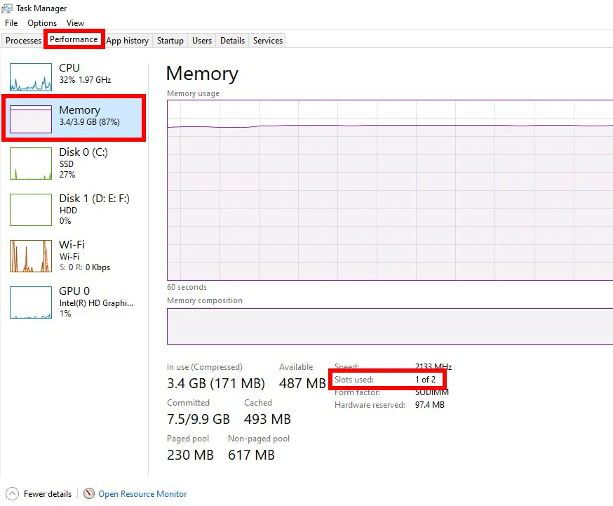 Check RAM slots in Windows with Task Manager